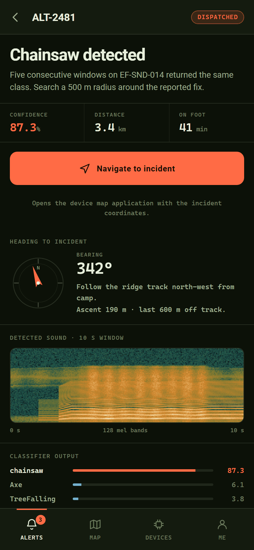 E-Forest Android alert showing incident status, walking distance, bearing, navigation, detected-sound spectrogram, and classifier output.